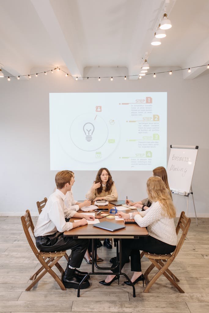 Group of professionals discussing business strategy with a projector and notepad.